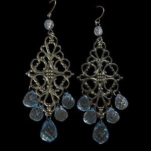 Big 80s Chandelier Dangle Earrings Vtg Powder Blue Beads Silvertone Filigree